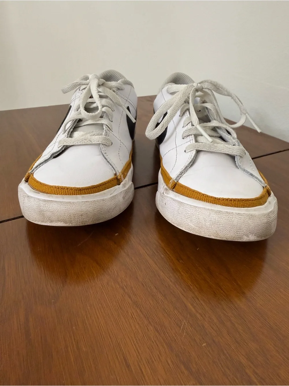 {5Y} Nike Court Legacy White Black & Gold Low-Top Sneakers